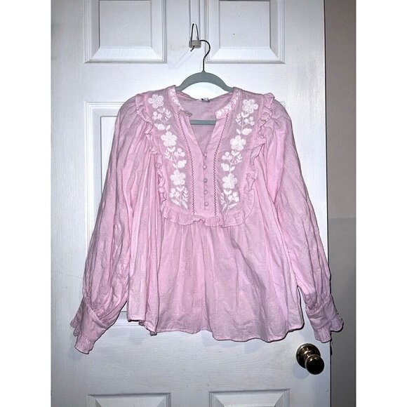 CROWN & IVY Soft Pink Long Sleeve Ruffle Embroidered Neckline Boho Blouse - Picture 2 of 11